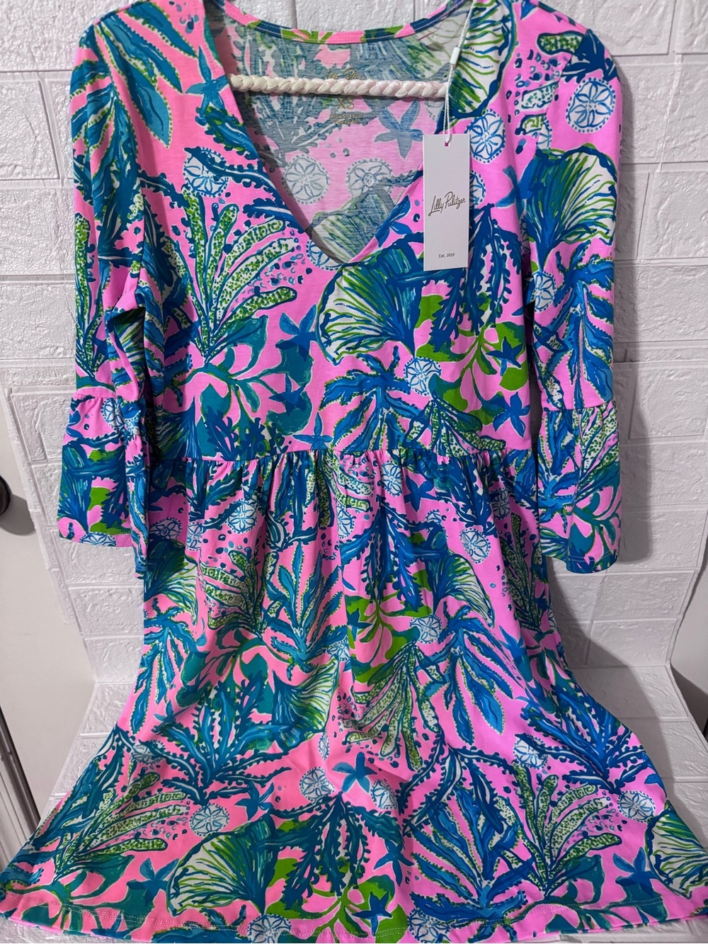 NWT-Lilly Pulitzer Jannie V-Neck Dress SZ XS Mandevilla Baby Hip Nautic 3/4 Slv